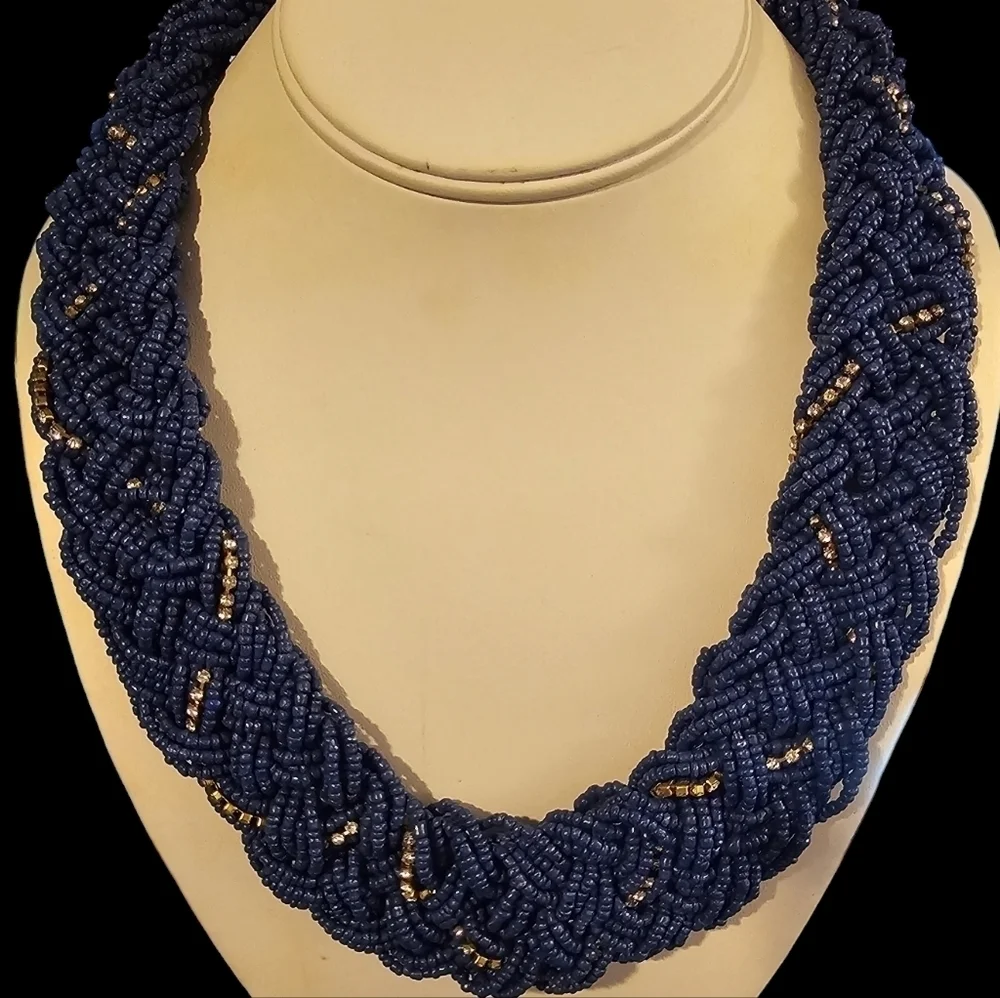 👍5 For $20 Thick Braided Multi-Strand Blue Seed Bead Necklace w/Rhinestones